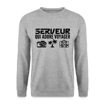 Reisende & Kellner: Leidenschaft & Entdeckung - Unisex Pullover - Weißgrau meliert - Vorne - Alina (178cm) & Michal (187cm)