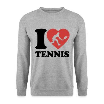 I Love Tennis Typo - Herz - Hobby - Unisex Pullover - Weißgrau meliert - Vorne - Alina (178cm) & Michal (187cm)