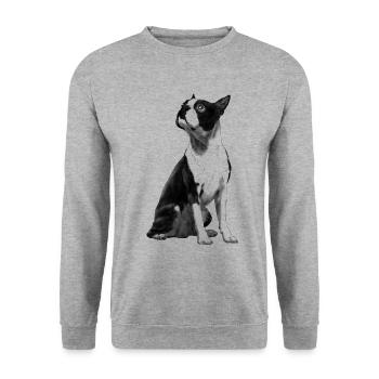 Sitzender Boston Terrier Hund - Unisex Pullover - Weißgrau meliert - Vorne - Alina (178cm) & Michal (187cm)