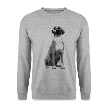 Sitzender Boxer Hund - Unisex Pullover - Weißgrau meliert - Vorne - Alina (178cm) & Michal (187cm)