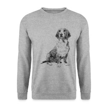 Sitzender Westfälische Dachsbracke Hund - Unisex Pullover - Weißgrau meliert - Vorne - Alina (178cm) & Michal (187cm)