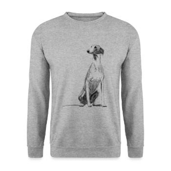 Sitzender Greyhound Windhund Whippet Hund - Unisex Pullover - Weißgrau meliert - Vorne - Alina (178cm) & Michal (187cm)