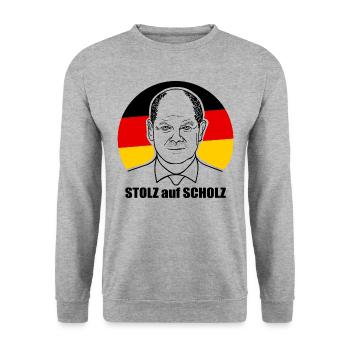 stolz auf Scholz, Bundeskanzler, Deutschland Shirt - Unisex Pullover - Weißgrau meliert - Vorne - Alina (178cm) & Michal (187cm)