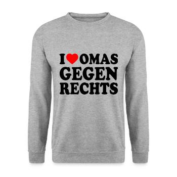 I love omas gegen rechts - Unisex Pullover - Weißgrau meliert - Vorne - Alina (178cm) & Michal (187cm)