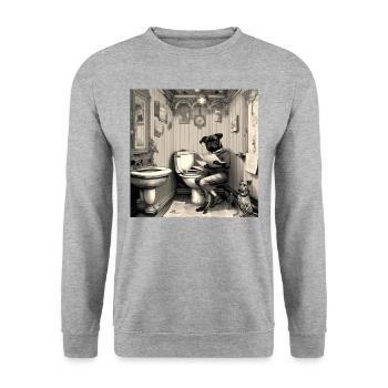 Hund, der im Badezimmer Zeitung liest ,retro look - Unisex Pullover - Weißgrau meliert - Vorne - Alina (178cm) & Michal (187cm)