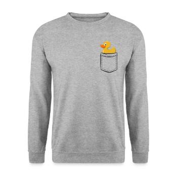 Meine Gummi-Ente in der Tasche - Brusttasche - Unisex Pullover - Weißgrau meliert - Vorne - Alina (178cm) & Michal (187cm)