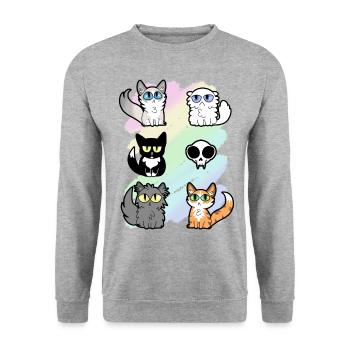 Huskatter und eine Schädelkarikatur - Unisex Pullover - Weißgrau meliert - Vorne - Alina (178cm) & Michal (187cm)