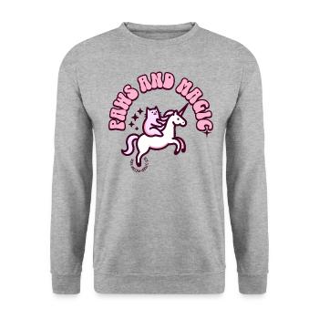 Miau trifft Magie: Einhorn & Katze vereint - Unisex Pullover - Weißgrau meliert - Vorne - Alina (178cm) & Michal (187cm)