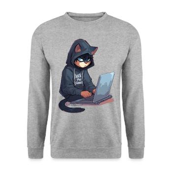 Cyber Hacker Cat Hackerkatze - Unisex Pullover - Weißgrau meliert - Vorne - Alina (178cm) & Michal (187cm)