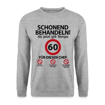 60. Geburtstag Chef Geburtstagsgeschenk mit Spruch - Unisex Pullover - Weißgrau meliert - Vorne - Alina (178cm) & Michal (187cm)