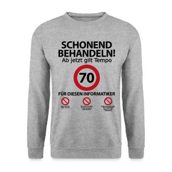 70 Geburtstag Informatiker Geburtstagsgeschenk - Unisex Pullover - Weißgrau meliert - Vorne - Alina (178cm) & Michal (187cm)