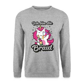 Ich bin die Braut Einhorn JGA Hochzeit Junggeselle - Unisex Pullover - Weißgrau meliert - Vorne - Alina (178cm) & Michal (187cm)