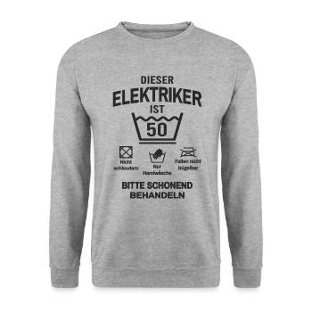 50. Geburtstag Elektriker Lustig 50 Jahre - Unisex Pullover - Weißgrau meliert - Vorne - Alina (178cm) & Michal (187cm)