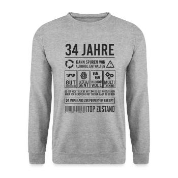 34. Geburtstag Perfektion Lustig 34 Jahre - Unisex Pullover - Weißgrau meliert - Vorne - Alina (178cm) & Michal (187cm)