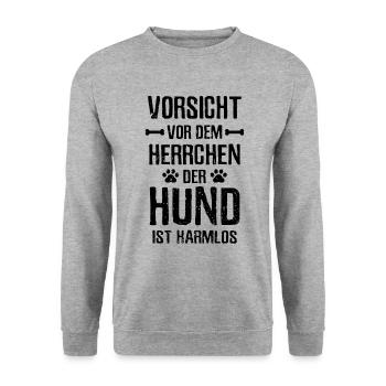 Vorsicht Herrchen Hund ist harmlos Gassi - Unisex Pullover - Weißgrau meliert - Vorne - Alina (178cm) & Michal (187cm)