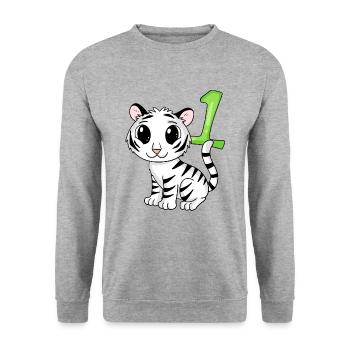 Zahl 1 Nummer Eins - Tiger Motiv - Unisex Pullover - Weißgrau meliert - Vorne - Alina (178cm) & Michal (187cm)