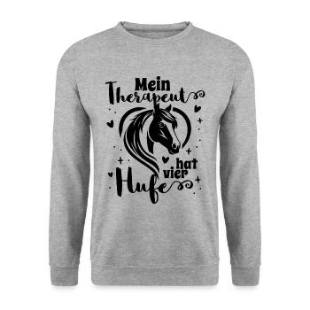 Pferdespruch Mein Therapeut hat vier Hufe - Unisex Pullover - Weißgrau meliert - Vorne - Alina (178cm) & Michal (187cm)