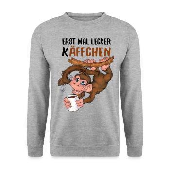 Erst mal lecker Käffchen niedlich Affe mit Kaffee - Unisex Pullover - Weißgrau meliert - Vorne - Alina (178cm) & Michal (187cm)