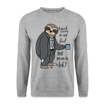 Irgendwas ist hier faul Faultier lustige Sprüche - Unisex Pullover - Weißgrau meliert - Vorne - Alina (178cm) & Michal (187cm)