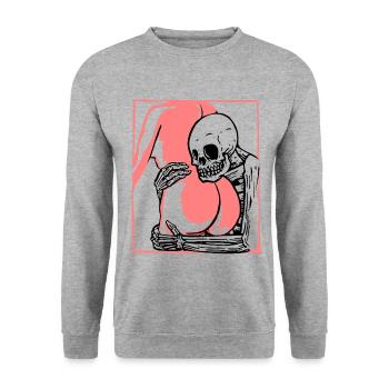 Fld.) Skeleton Butt Hug | Holzschnitt foundfootage - Unisex Pullover - Weißgrau meliert - Vorne - Alina (178cm) & Michal (187cm)