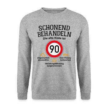 90. Geburtstag Schonend Behandeln 90 Alte Kiste 90 - Unisex Pullover - Weißgrau meliert - Vorne - Alina (178cm) & Michal (187cm)