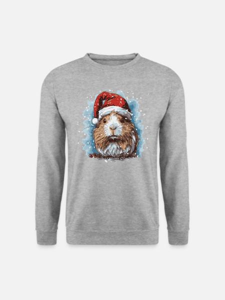 Meerschweinchen mit Weihnachtsmannmütze - Unisex Pullover - Weißgrau meliert