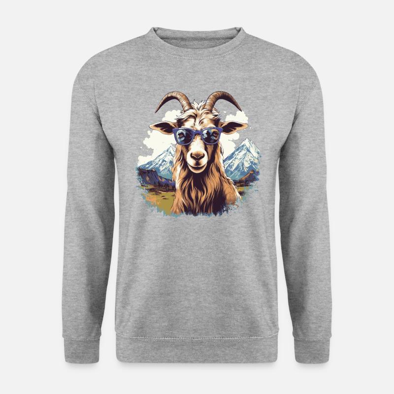 Eine Ziege mit Sonnenbrille in den Bergen - Unisex Pullover - Weißgrau meliert