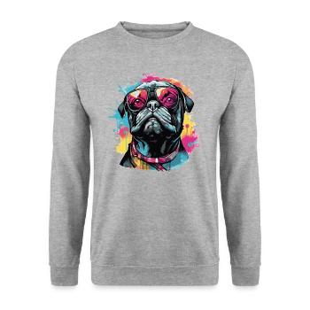 Mops Hund mit Sonnenbrille - Unisex Pullover - Weißgrau meliert - Vorne - Alina (178cm) & Michal (187cm)