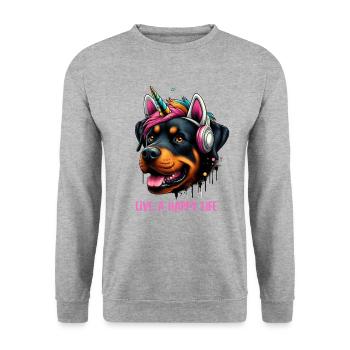 Live a Happy Life - Unicorn Rottweiler - Unisex Pullover - Weißgrau meliert - Vorne - Alina (178cm) & Michal (187cm)