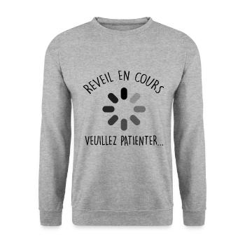 Réveil en cours | Cadeau Dormeur Humour - Sweat-shirt Unisexe - gris chiné - Devant - Alina (178cm) & Michal (187cm)