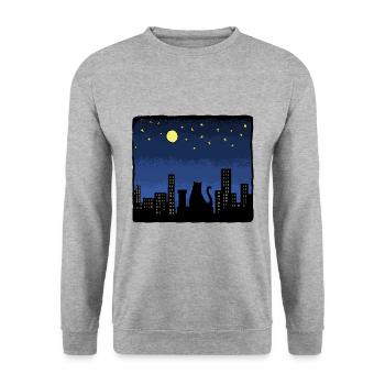 Schwarze Katze, die die Stadt nachts unter dem Mond beobachtet - Unisex Pullover - Weißgrau meliert - Vorne - Alina (178cm) & Michal (187cm)