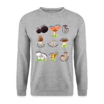 Various edible mushrooms with Latin names - Unisex Sweatshirt - salt & pepper - Front - Alina (178cm) & Michal (187cm)