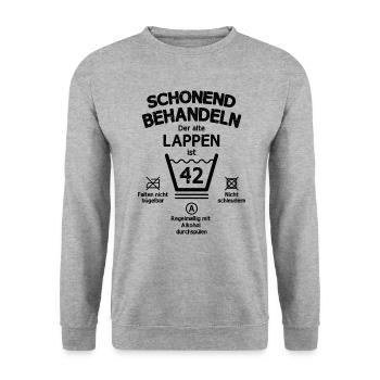 Der Alte Lappen, Schonend Behandeln 42. Geburtstag - Unisex Pullover - Weißgrau meliert - Vorne - Alina (178cm) & Michal (187cm)