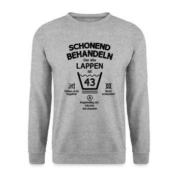 Der Alte Lappen, Schonend Behandeln 43. Geburtstag - Unisex Pullover - Weißgrau meliert - Vorne - Alina (178cm) & Michal (187cm)
