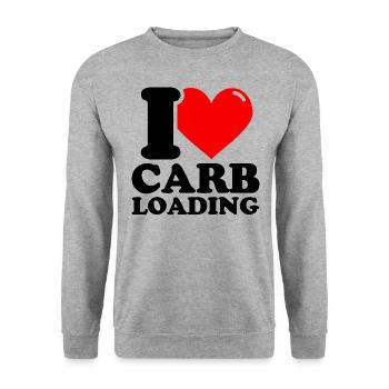 J’adore le chargement en glucides - Envie d’haltérophilie fitness - Sweat-shirt Unisexe - gris chiné - Devant - Alina (178cm) & Michal (187cm)
