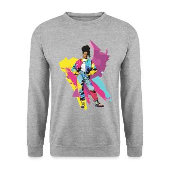 90s 90er Jahre Musik Bunt Party Karneval Kostüm - Unisex Pullover - Weißgrau meliert - Vorne - Alina (178cm) & Michal (187cm)