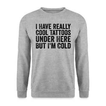 Ich habe wirklich coole Tattoos hier unten, aber mir ist kalt - Unisex Pullover - Weißgrau meliert - Vorne - Alina (178cm) & Michal (187cm)
