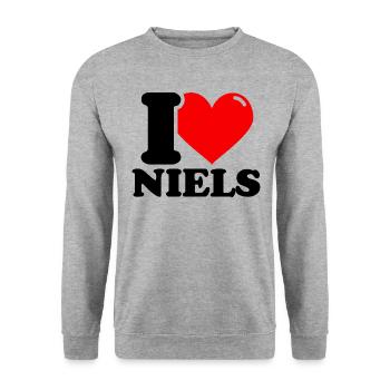 I love niels Vorname - Unisex Pullover - Weißgrau meliert - Vorne - Alina (178cm) & Michal (187cm)