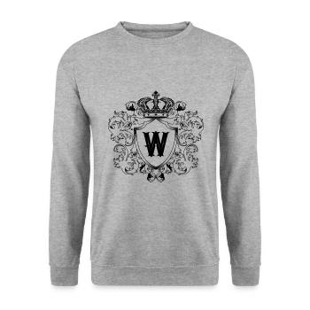 W Buchstabe Wappen - Unisex Pullover - Weißgrau meliert - Vorne - Alina (178cm) & Michal (187cm)
