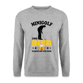 Minigolf und Bier - darum bin ich hier - Spruch - Unisex Pullover - Weißgrau meliert - Vorne - Alina (178cm) & Michal (187cm)