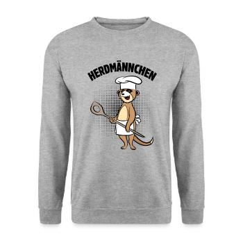 Herdmännchen - Erdmännchen mit Kochlöffel - Unisex Pullover - Weißgrau meliert - Vorne - Alina (178cm) & Michal (187cm)