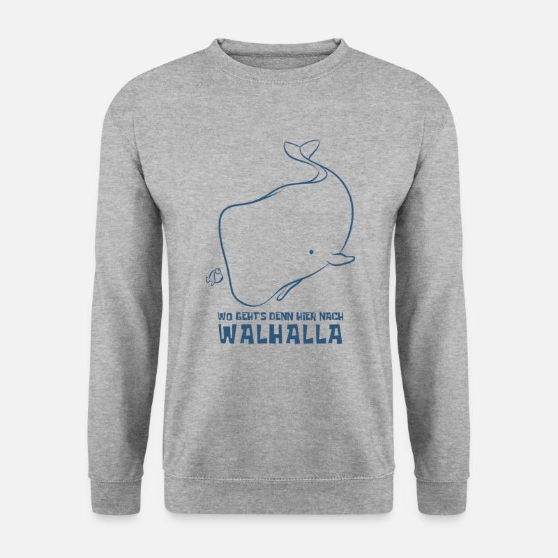 Wo geht's denn hier nach Walhalla - Wal - Spruch - Unisex Pullover - Weißgrau meliert