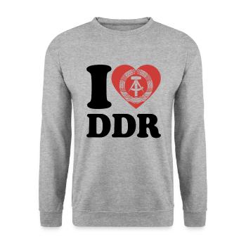 I Love DDR - Herz - Ostalgie - Unisex Pullover - Weißgrau meliert - Vorne - Alina (178cm) & Michal (187cm)