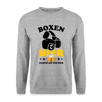 Boxen und Bier, darum bin ich hier - Spruch - Unisex Pullover - Weißgrau meliert - Vorne - Alina (178cm) & Michal (187cm)
