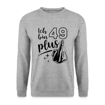 Ich bin 49 plus 1, Mittelfinger 50. Geburtstag - Unisex Pullover - Weißgrau meliert - Vorne - Alina (178cm) & Michal (187cm)