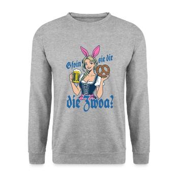 Gefallen sie dir, die Zwei? Dirndl Bier & Bretzen - Unisex Pullover - Weißgrau meliert - Vorne - Alina (178cm) & Michal (187cm)