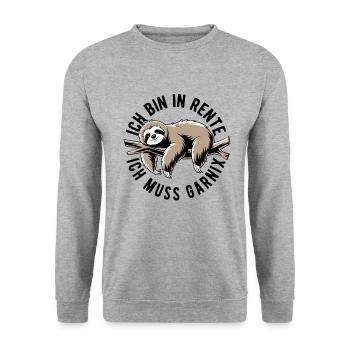 Faultier - Ich bin in Rente ich muss garnix - Unisex Pullover - Weißgrau meliert - Vorne - Alina (178cm) & Michal (187cm)