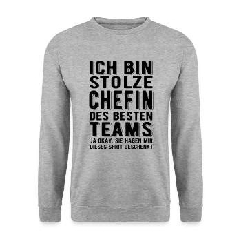 Ich bin stolze Chefin des besten Teams - Spruch - Unisex Pullover - Weißgrau meliert - Vorne - Alina (178cm) & Michal (187cm)