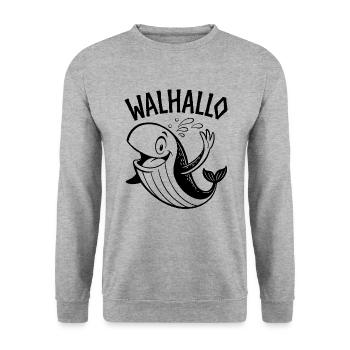 Walhallo - Ein freundlicher Wal sagt Hallo - Unisex Pullover - Weißgrau meliert - Vorne - Alina (178cm) & Michal (187cm)