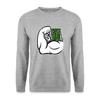 Stabil Abi 2025 - Bizeps - Abitur - Spruch - Unisex Pullover - Weißgrau meliert - Vorne - Alina (178cm) & Michal (187cm)